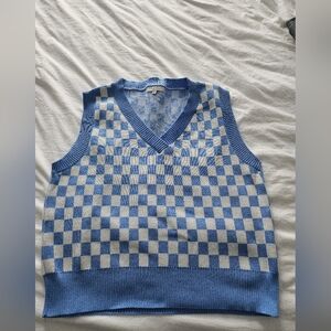 Love Tree Blue and Cream Checkered V-Neck Sweater Vest